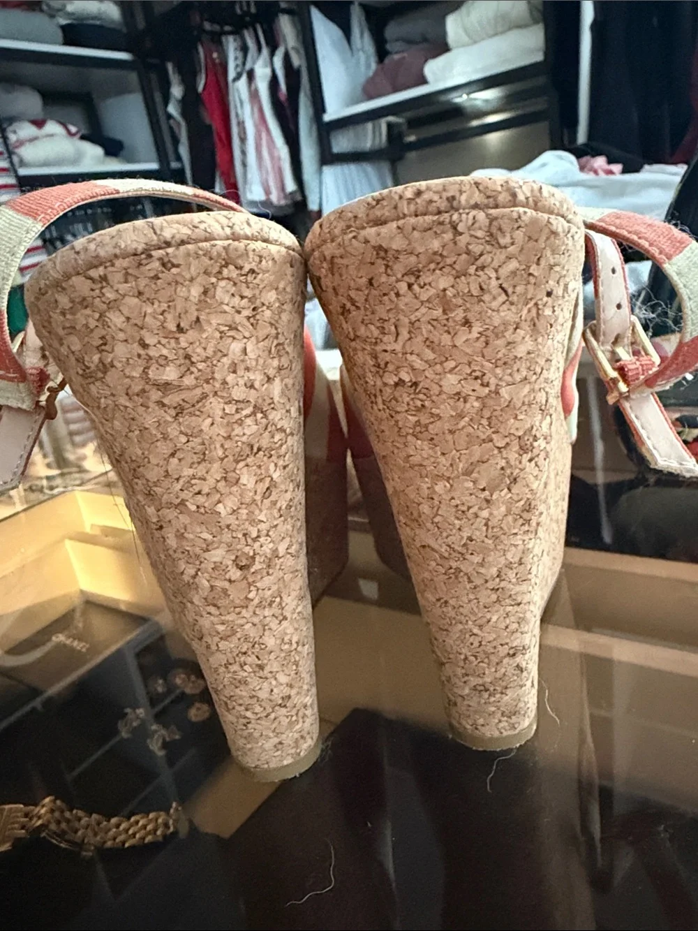 Striped Orange & Cream Cork Wedge Peep-Toe Sandals - 8